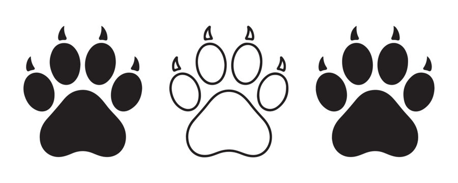 Wildlife animal paw print with claws set of black silhouette and outline for nature tracking theme.