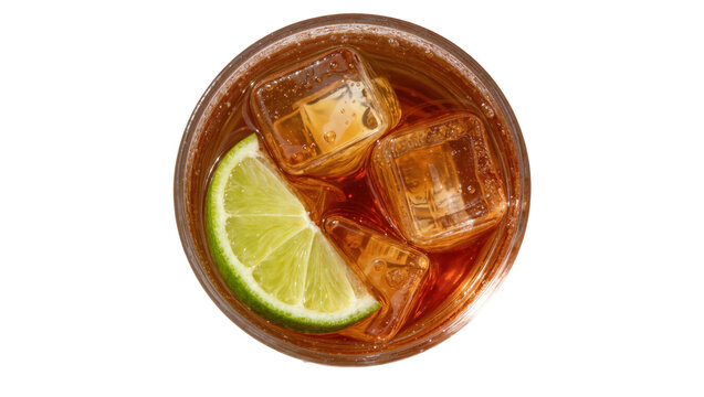 Refreshing cola drink with ice cubes and lime slice, isolated on transparent background