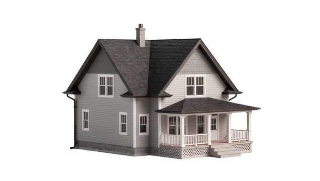 Gray siding two-story house with dark roof and porch, isolated on transparent background
