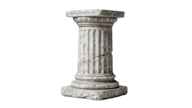 Cracked ancient Greek Ionic column capital and shaft, isolated on transparent background