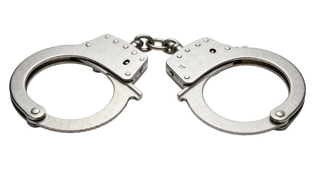 Polished metal handcuffs with chain link, isolated on transparent background