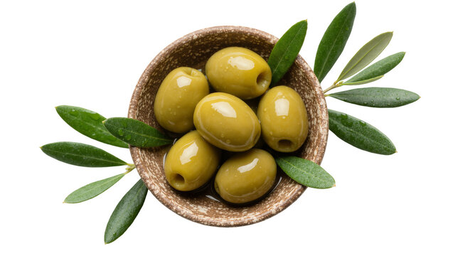 Green olives with leaves in a rustic bowl, isolated on transparent background