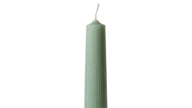Tall ribbed sage green candle with a thin wick, isolated on transparent background