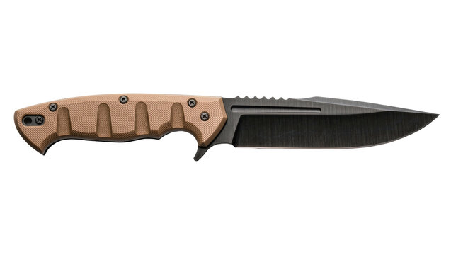 Tactical combat knife with serrated black blade and tan textured handle, isolated on transparent background