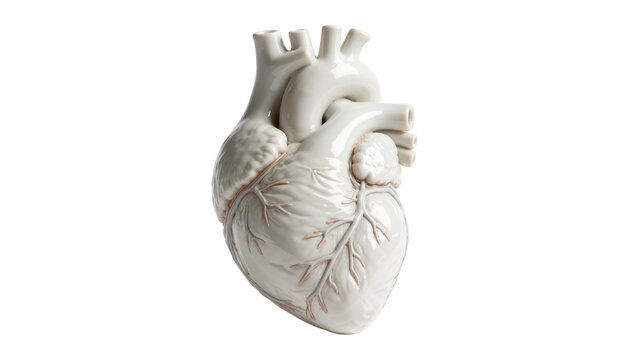 Anatomical heart-shaped ceramic vase with detailed veins, isolated on transparent background