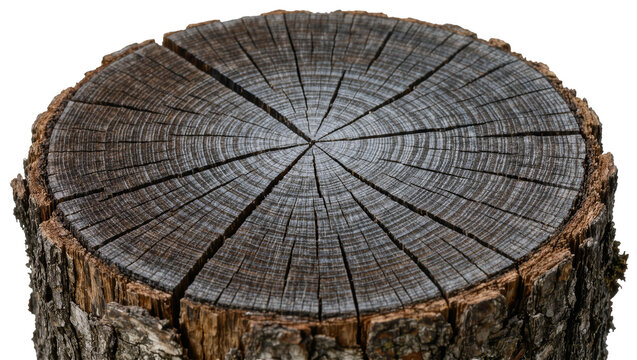Rough textured dark brown tree stump with visible growth rings, isolated on transparent background