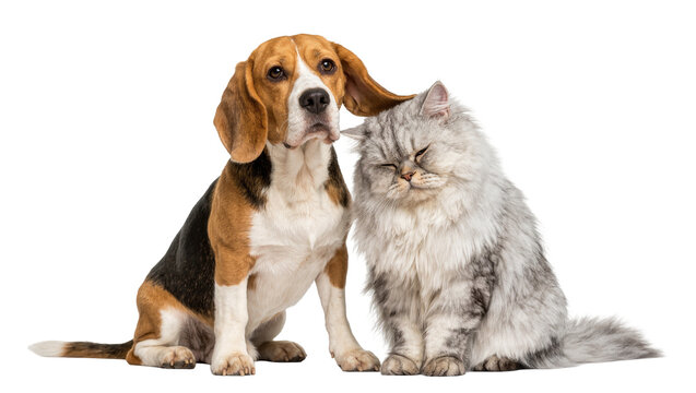 Beagle dog resting its ear on a fluffy Persian cat, isolated on transparent background