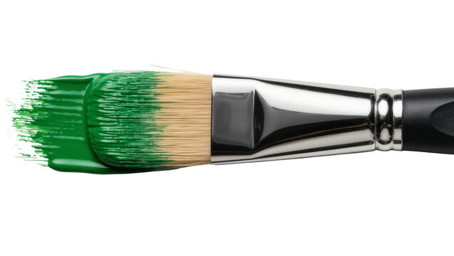 Flat paintbrush with green paint stroke, isolated on transparent background