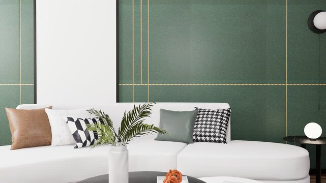 Modern luxury living room with a curved white sectional sofa, green paneled accent wall, decorative cushions, indoor plants and contemporary furniture. Smooth slow camera movement showcases.