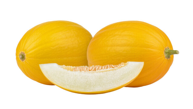 Two ripe yellow cantaloupes with a slice showing seeds, isolated on transparent background