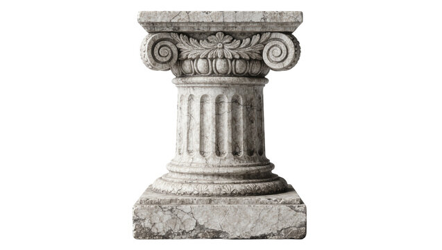Ancient Ionic stone column capital with volutes and acanthus leaves, isolated on transparent background