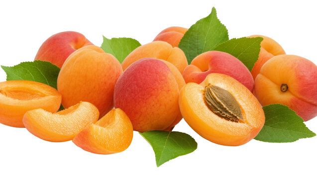 Ripe orange apricots with green leaves sliced and whole, isolated on transparent background