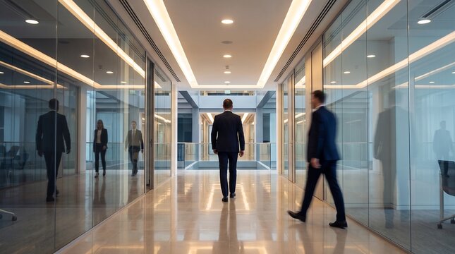 Diverse group of professionals navigating a contemporary office hallway, highlighting active business life and modern workplace architecture