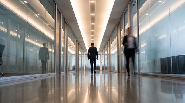 Modern office interior with glass walls and reflective floor as business people walk through the contemporary workspace corridor