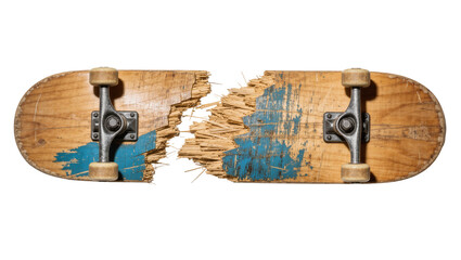 Broken wooden skateboard deck with blue paint, isolated on transparent background © Matteo