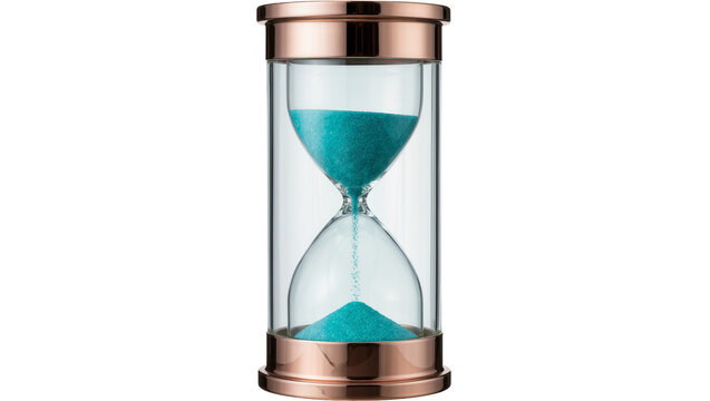 Rose gold hourglass with turquoise sand flowing, isolated on transparent background