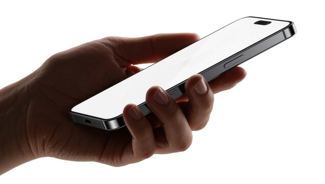 Human hand holding a modern smartphone with a blank screen, isolated on transparent background