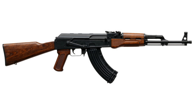Black metal AK-47 rifle with wooden stock and grip, isolated on transparent background