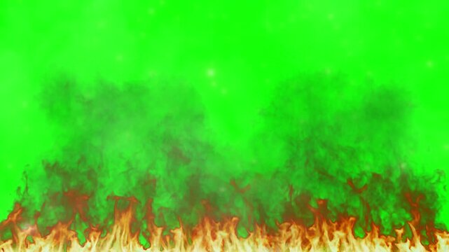 Continuous line of flames burning against a bright green screen
