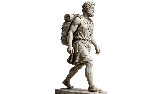 Ancient Greek marble statue of a bearded man with backpack, isolated on transparent background