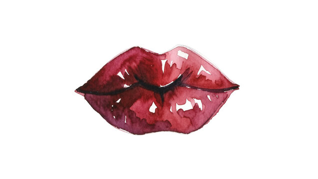 Watercolor red lips with glossy texture, isolated on transparent background