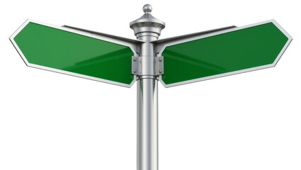 Two green directional arrow signs on a metal pole, isolated on transparent background © Matteo