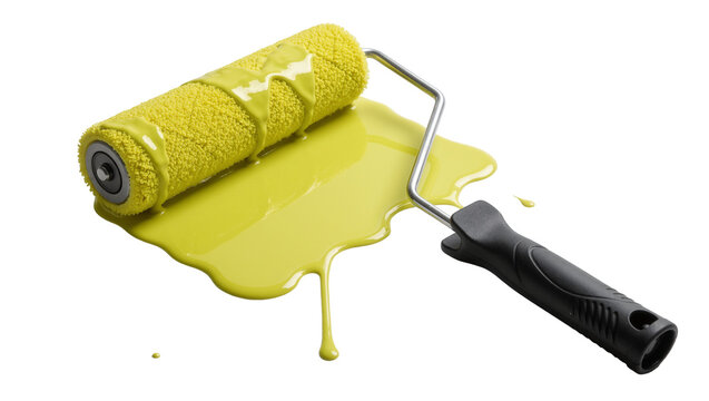 Yellow paint roller with dripping yellow paint, isolated on transparent background