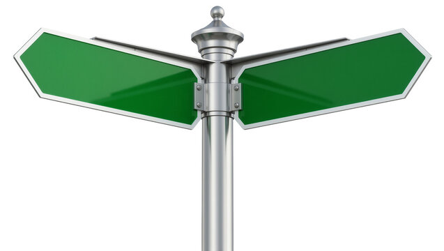 Two green directional arrow signs on a metal pole, isolated on transparent background