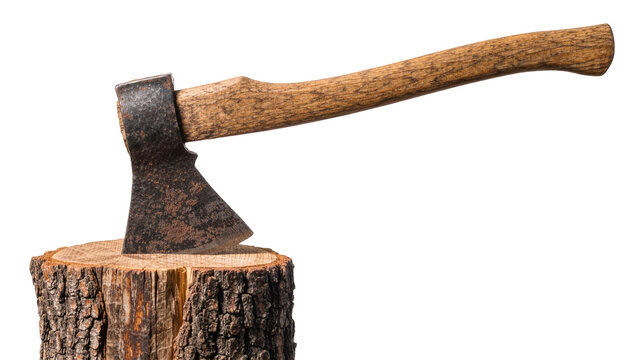 Rusty metal axe head embedded in rough bark tree stump, isolated on transparent background