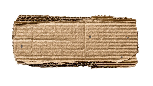 Torn corrugated cardboard piece with visible layers and small metal fasteners, isolated on transparent background