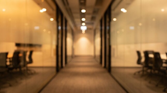 Blurred modern office interior corridor view with glass meeting rooms and warm lighting background