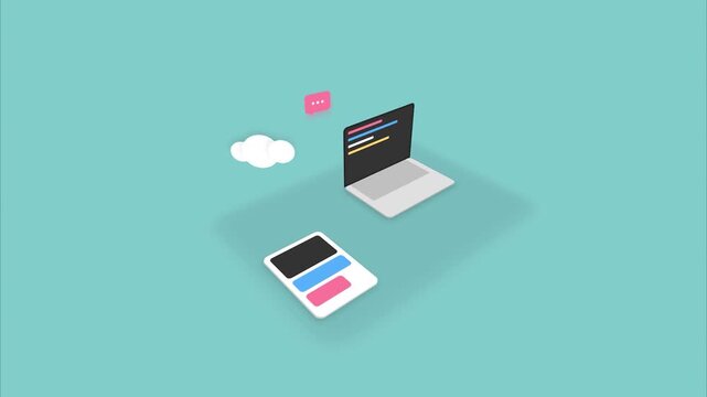 Laptop and mobile screen interface development isometric 3d flat illustration design software programming web development application ui ux design concept