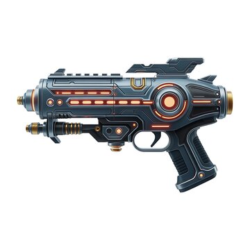 Futuristic ray gun with glowing orange lights and metallic finish isolated on white background with sci fi illustration equipment