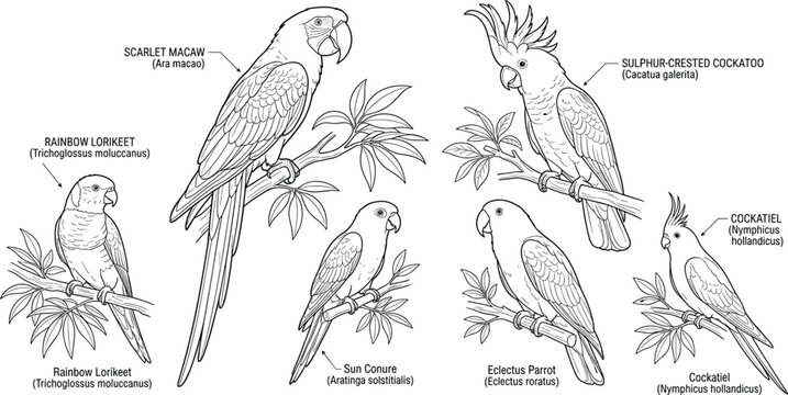 Detailed exotic parrot and cockatoo line art collection with tropical branches and botanical elements
