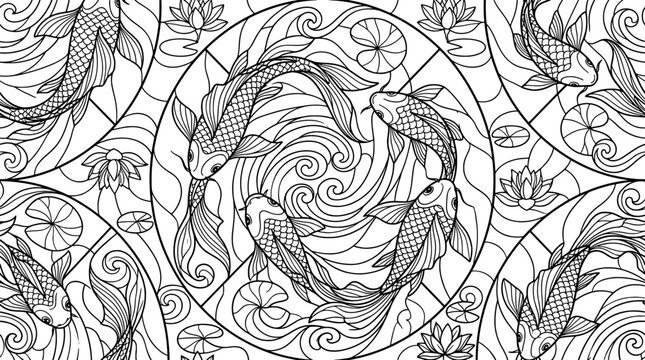 Seamless pattern with koi fish and water lilies in a stained glass style, coloring page for adults with zen garden pond motif.