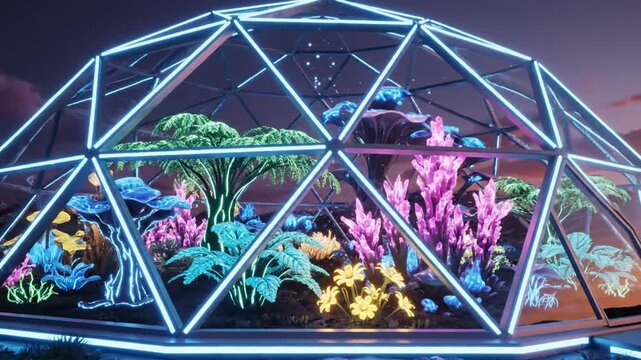 Futuristic neon lit biodome on alien planet with glowing flora