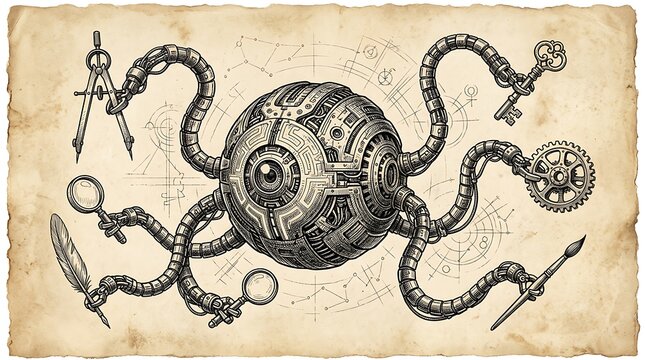 Mechanical octopus with engineering tools on vintage paper