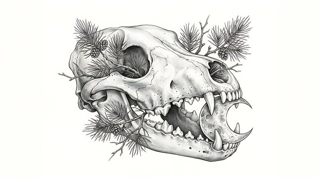 Skull with bared teeth and pine needles bones