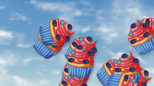 Animated Cartoon Cupcakes Falling Against a Blue Sky Background