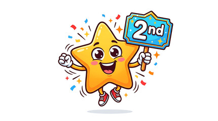 Fototapeta premium Happy cartoon star character jumping with a 2nd place sign and confetti