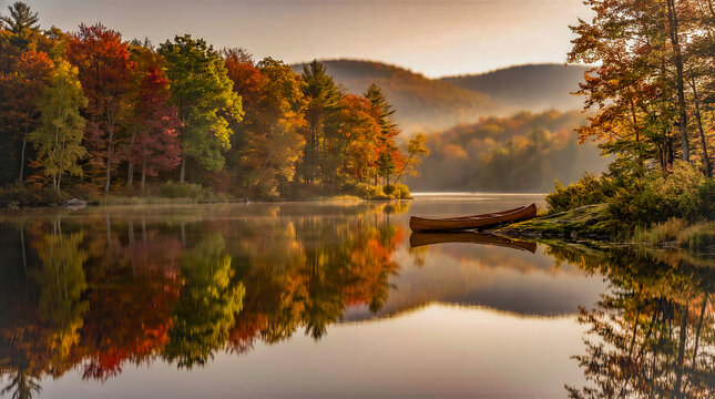Scenic autumn landscape with colorful forest reflecting on a calm lake water