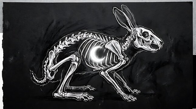 White rabbit skeleton on black background