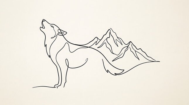 Wolf howling at mountains in line style silhouette