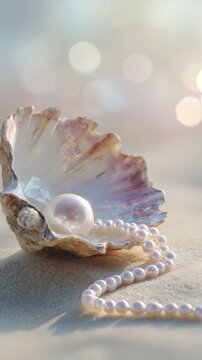 A glowing white pearl inside an open seashell with a pearl necklace on sand. Luxury jewelry concept for elegance advertising.