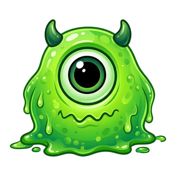 Cute green slime monster character with one eye and small horns isolated on white background.