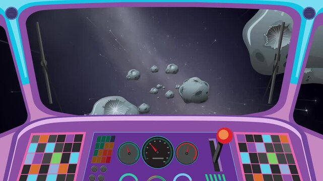 Cartoon Spaceship Flying Through an Asteroid Belt in Outer Space