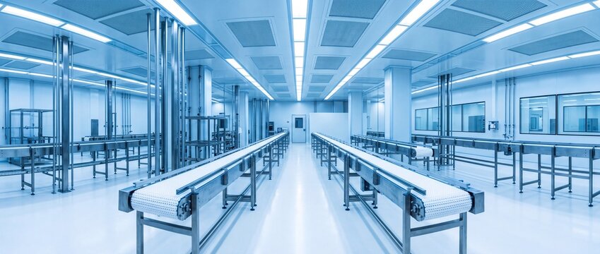 Automated warehouse conveyor system with bright blue lighting for logistics and manufacturing process efficiency in industrial production