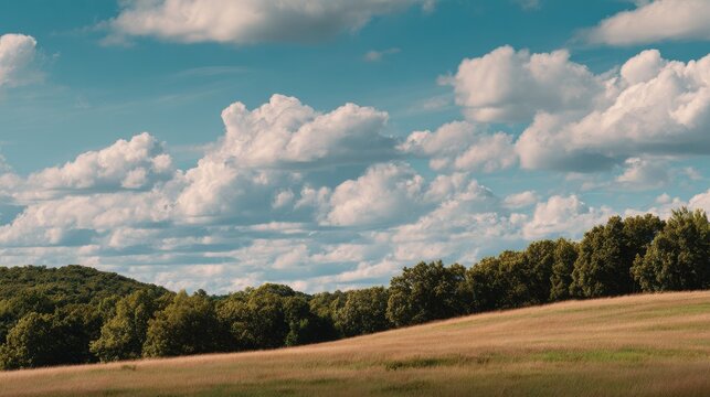 A serene landscape with rolling green hills and fluffy white clouds in a blue sky. Ideal for nature travel banners.