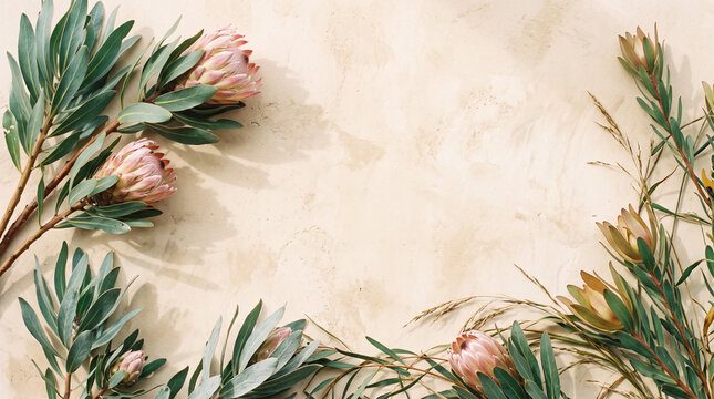 protea flowers and leaves background on textured neutral surface