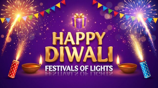 Happy diwali greeting with fireworks, diyas, and festive decorations on a purple background, celebrating the festival of lights